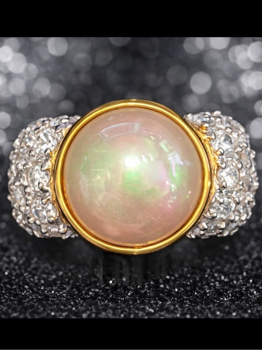 Suzanne Somers vintage pearl Pave set CZ gold cocktail statement band ring HSN
